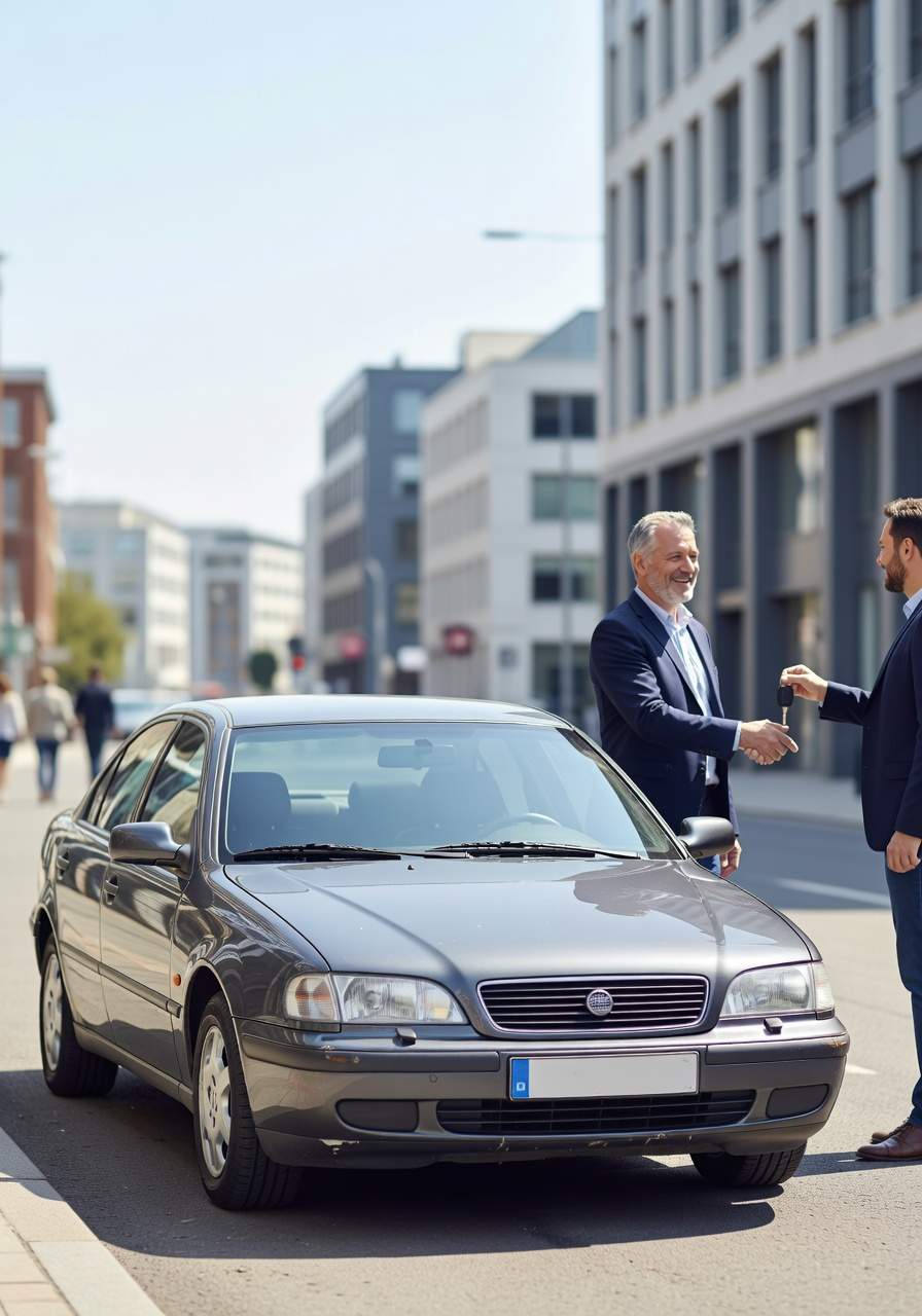 Team in Selm, ein erfahrener Fahrzeugexperte aus Selm nimmt das Fahrzeug eines zufriedenen Kunden ab. Seitlich steht der Wagen neben beiden.